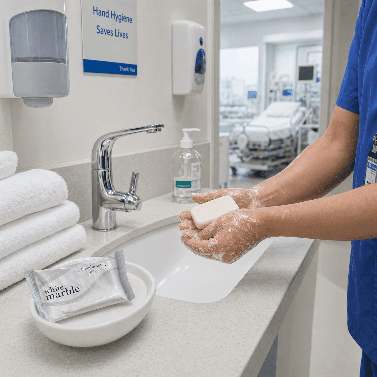 Healthcare professional washing hands with a white bar soap in a modern hospital sink, highlighting hygiene practices and institutional soap solutions for healthcare environments.
