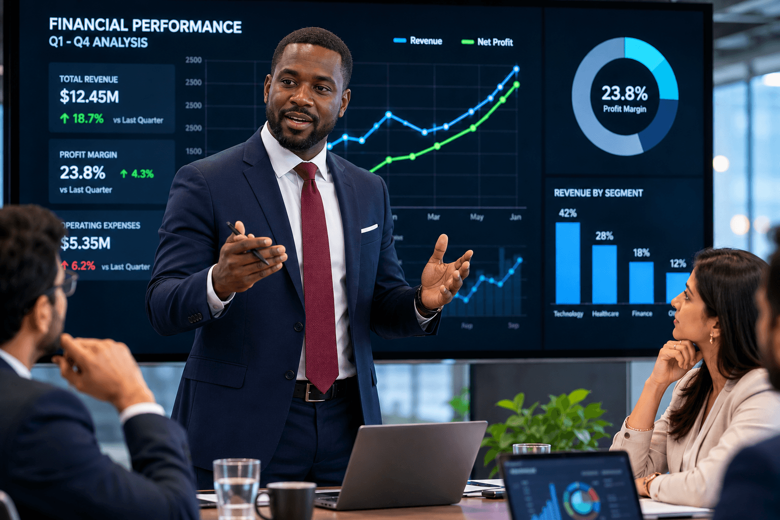 Businessman presenting financial data with graphs on screen, wearing a suit and red tie, in a professional setting