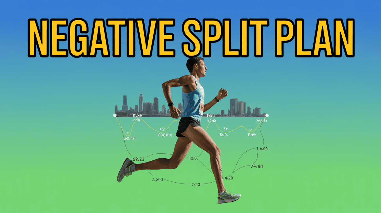 Marathon Training Pace Map Thumbnail Template featuring a marathoner in mid-stride with city skyline, overlayed route map line and pace splits