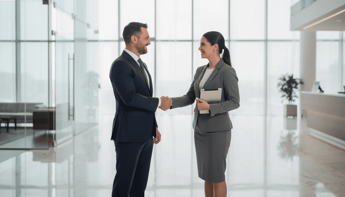 In an office lobby, two business professionals are shaking hands, symbolizing a partnership or agreement. This interaction reflects the importance of trust and collaboration in the financial services industry, where financial advisors and certified financial planners work to help clients achieve their financial goals.