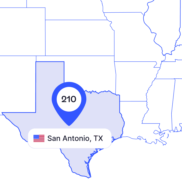 US map of 210 area code phone numbers and its coverage region