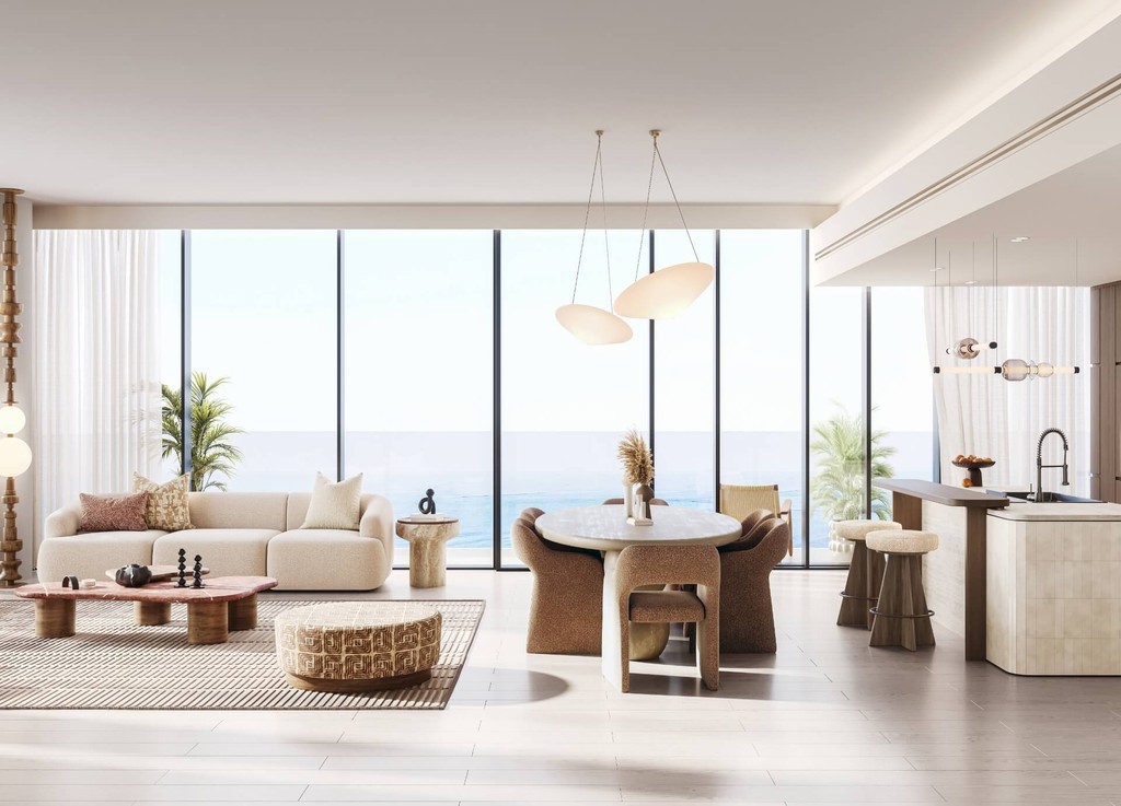 Bright and airy living room overlooking the ocean, featuring contemporary design elements at Costa Mare.