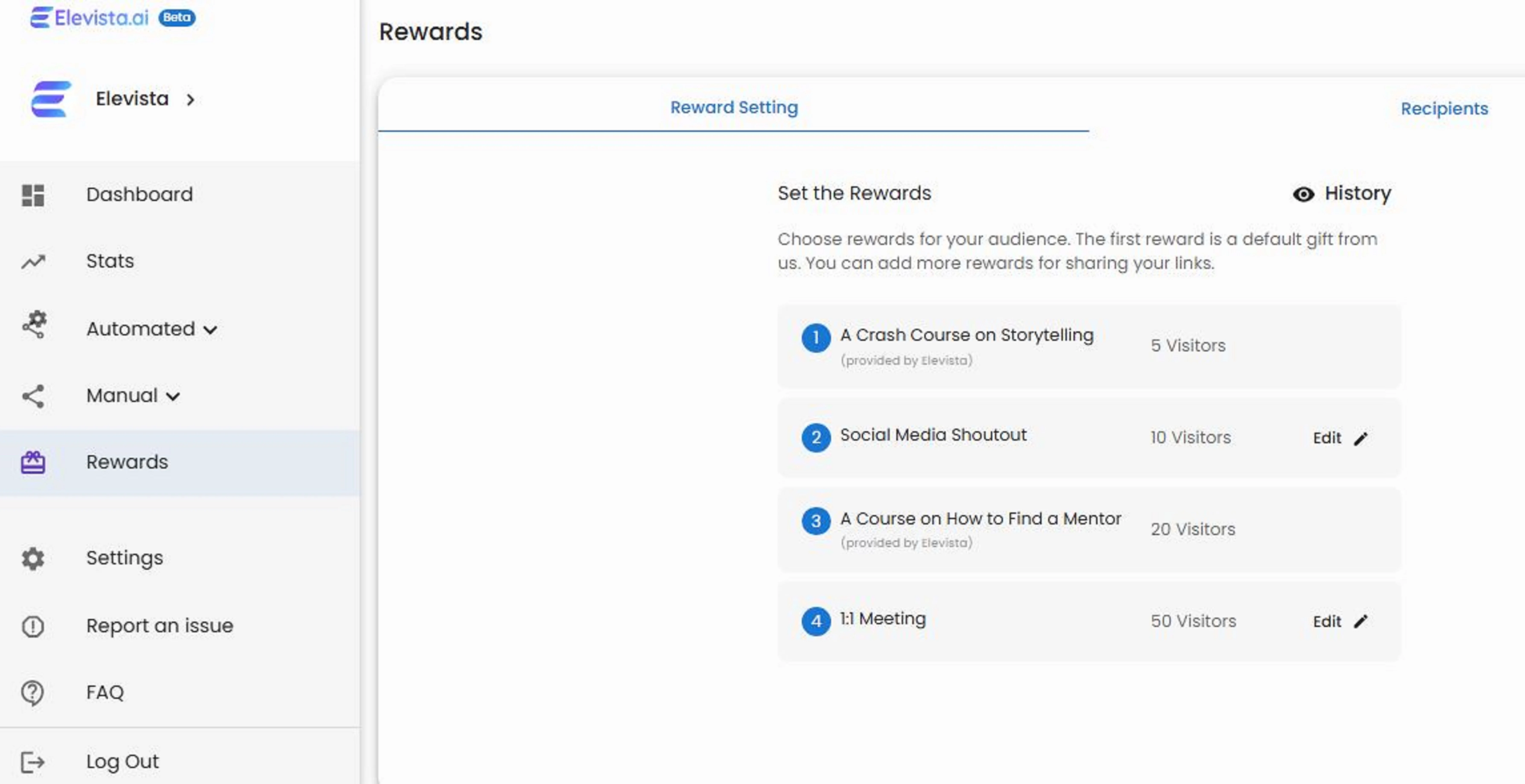 rewards section of elevista account