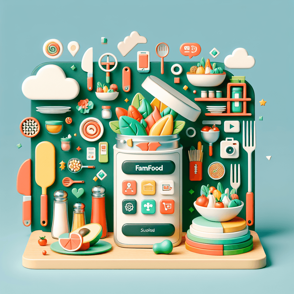 Verspielte 3D-Illustration eines Einmachglases, das als App-Oberfläche der FamFood-App dient. Das Glas ist gefüllt mit buntem Gemüse und digitalen Icons wie Kamera, Standort, Cloud, Social Media, Einkauf, Herz und Rezeptfunktionen. Im Hintergrund befinden sich Küchenutensilien, Zutaten und Tools – eine lebendige Visualisierung von FamFood als zentrales, digitales Familienkochbuch.