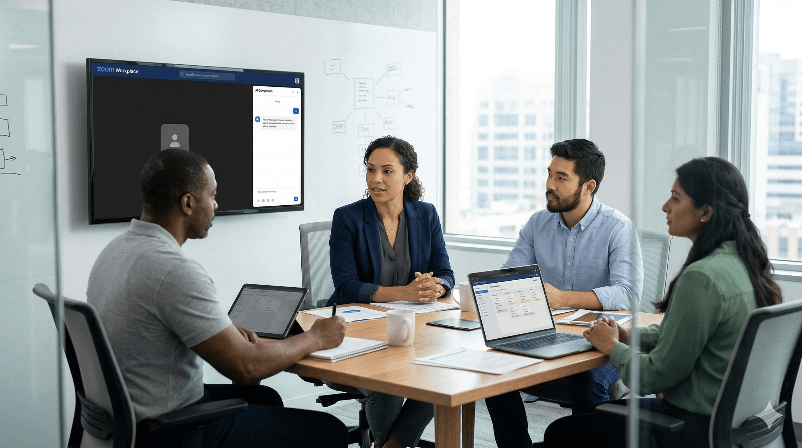 Four professionals are engaged in a meeting around a conference table, with laptops in use and a screen displaying a Zoom call interface, illustrating the use of the Glean + Zoom AI Companion for instant answers in meetings.