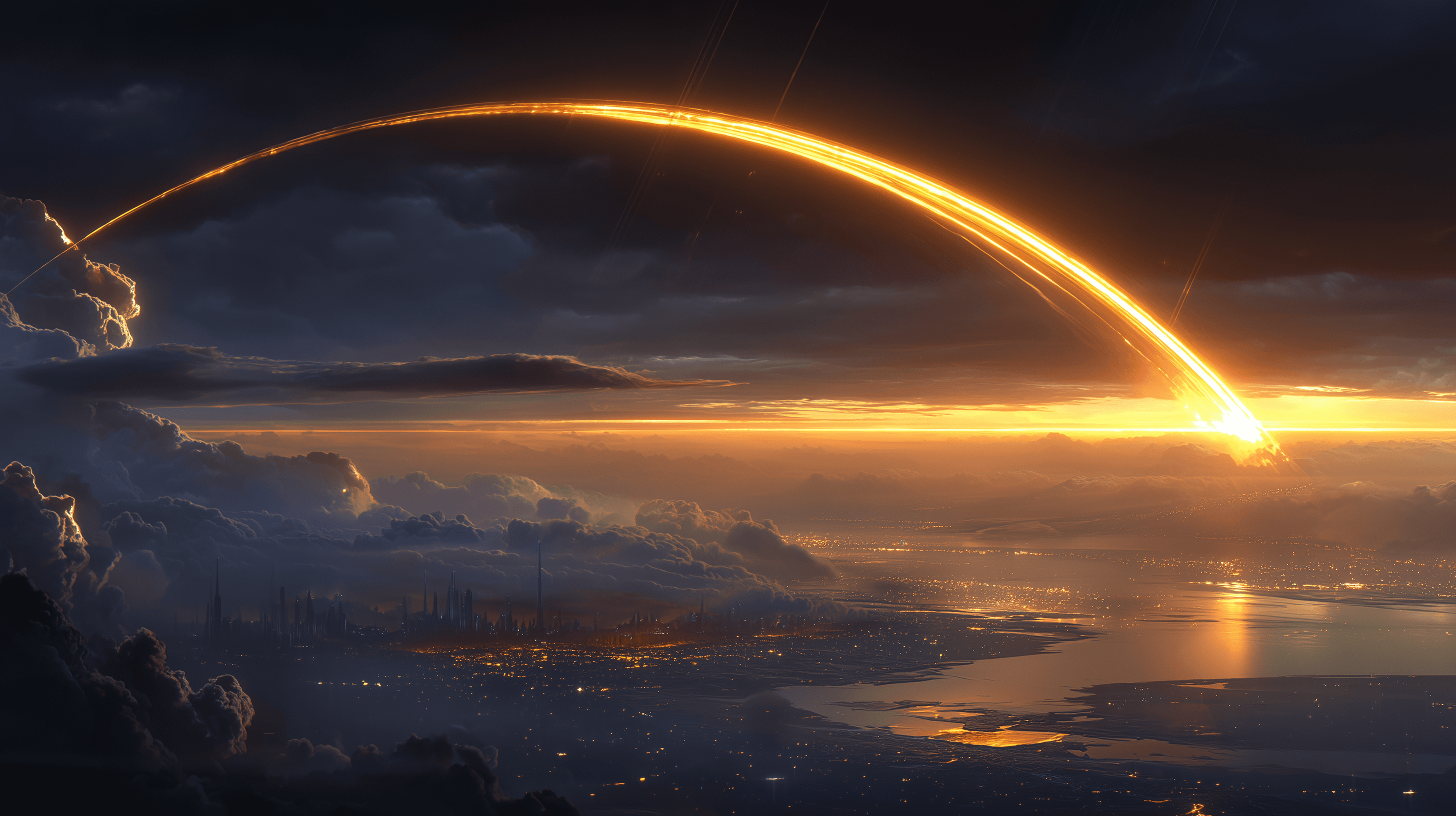 A stunning fantasy landscape features towering cliffs with ancient structures, illuminated by a warm sunset glow.