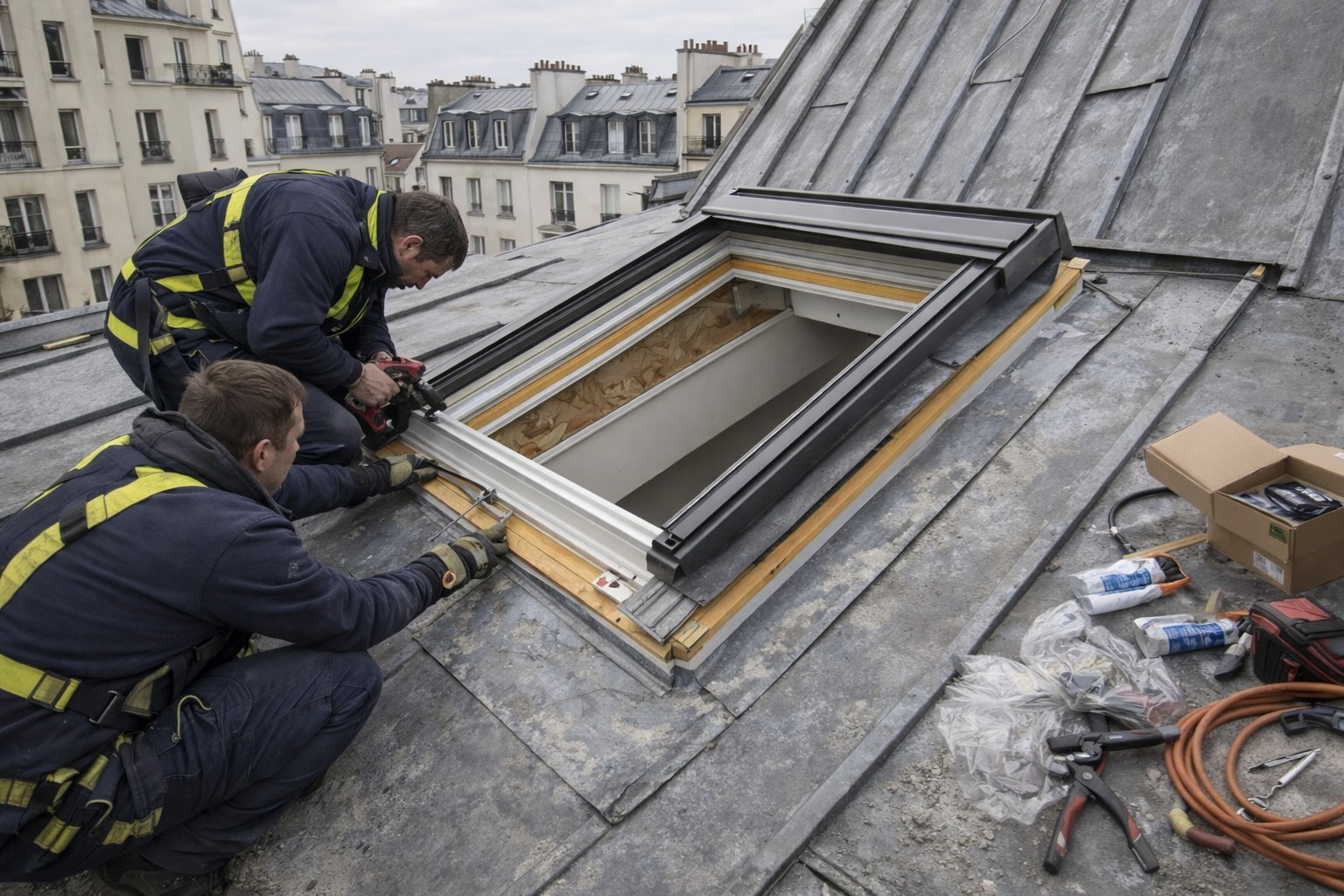 Pose d’une fenêtre de toit type Velux à Paris sur toiture en zinc, installation en cours par deux couvreurs avec outillage et étanchéité.