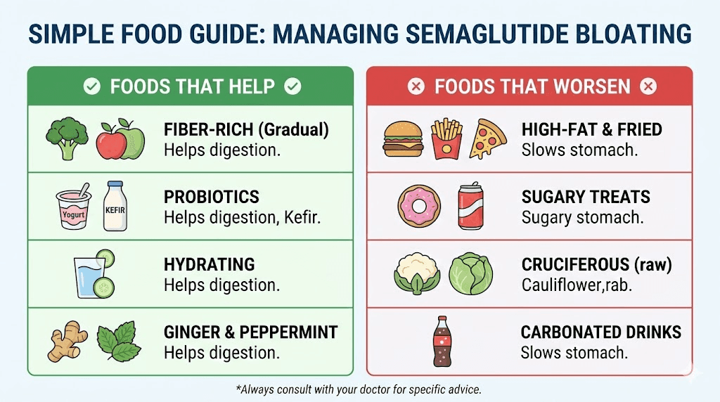 Semaglutide bloating food guide showing helpful foods versus trigger foods
