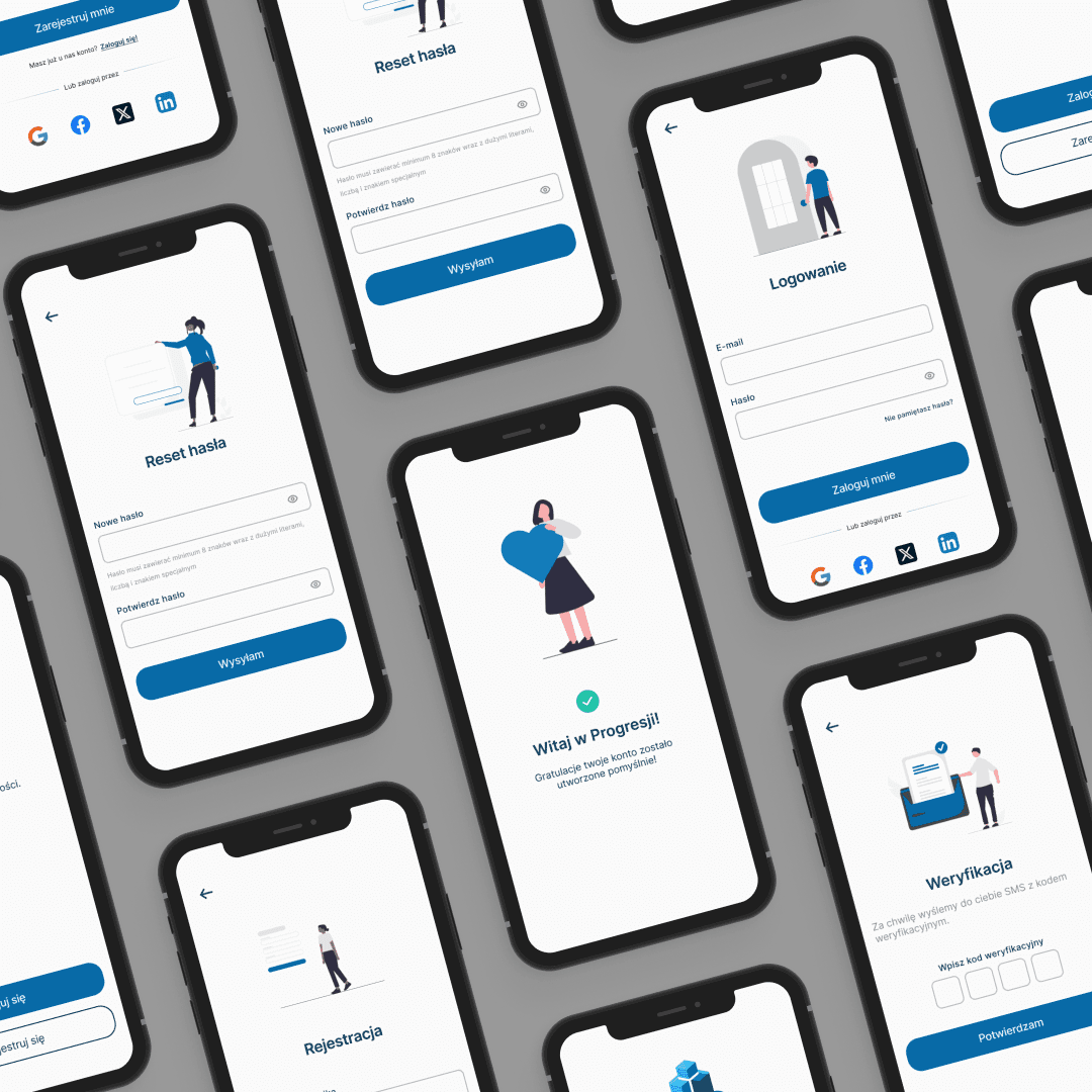 Aplikacja Progresja pokazana na wielu telefonach