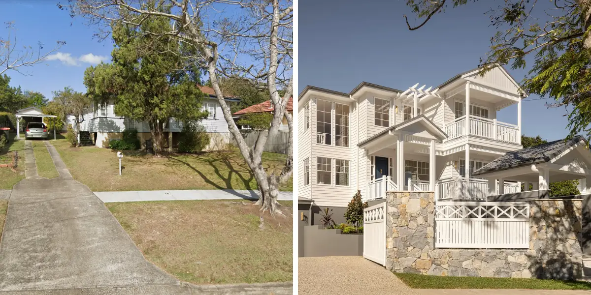 before and after image of a knock down rebuild in Brisbane