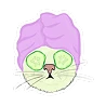 Cartoon cat wearing a pink towel wrap on its head, green face mask, and cucumber slices over its eyes.