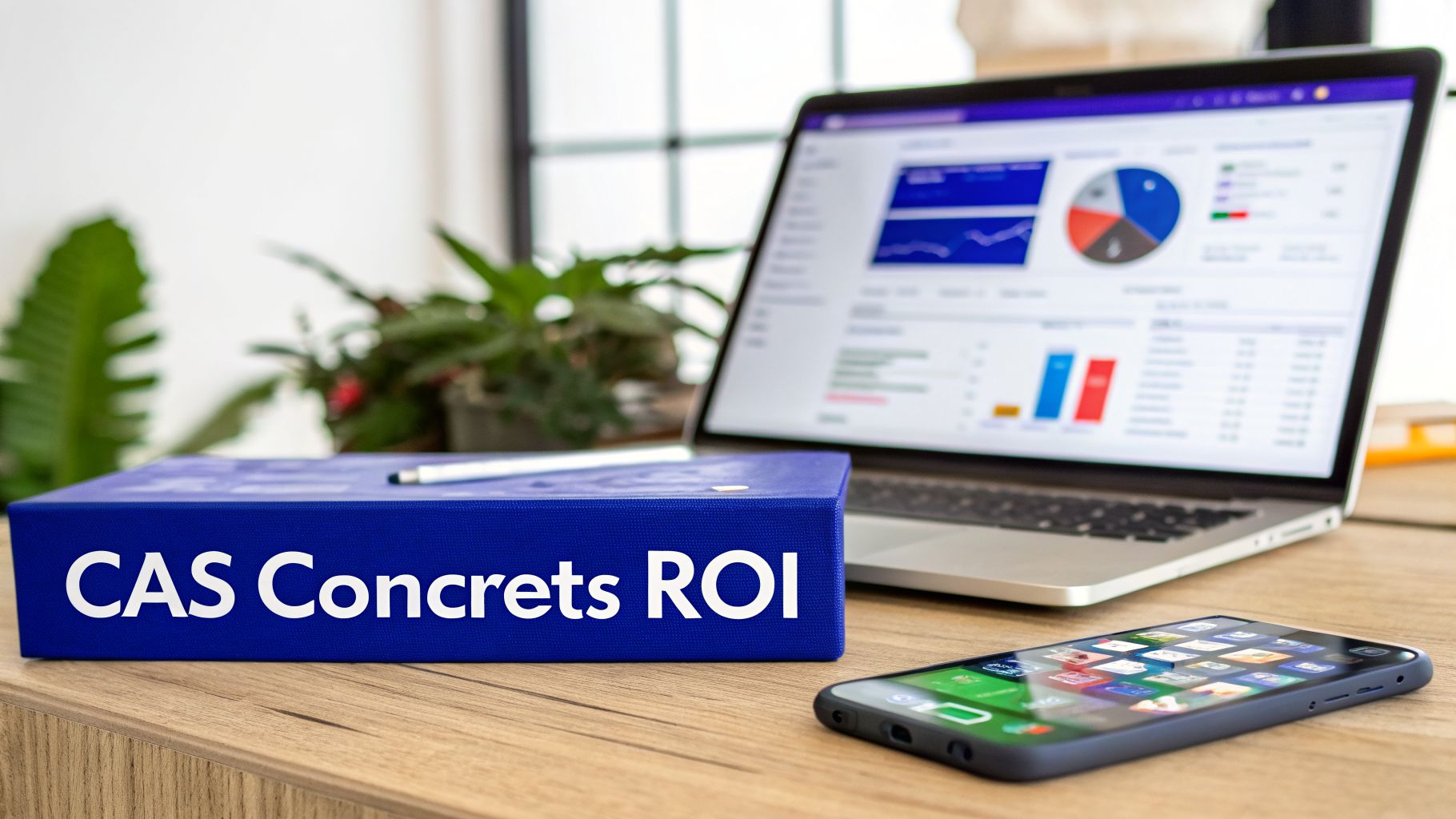 Un bureau avec un classeur bleu 