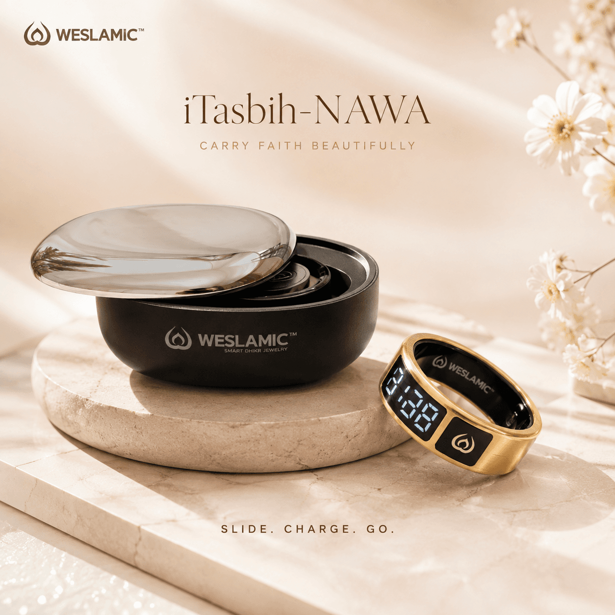 iTasbih NAWA in Solar Gold beside its open portable charging case, showing the magnetic charging pad inside