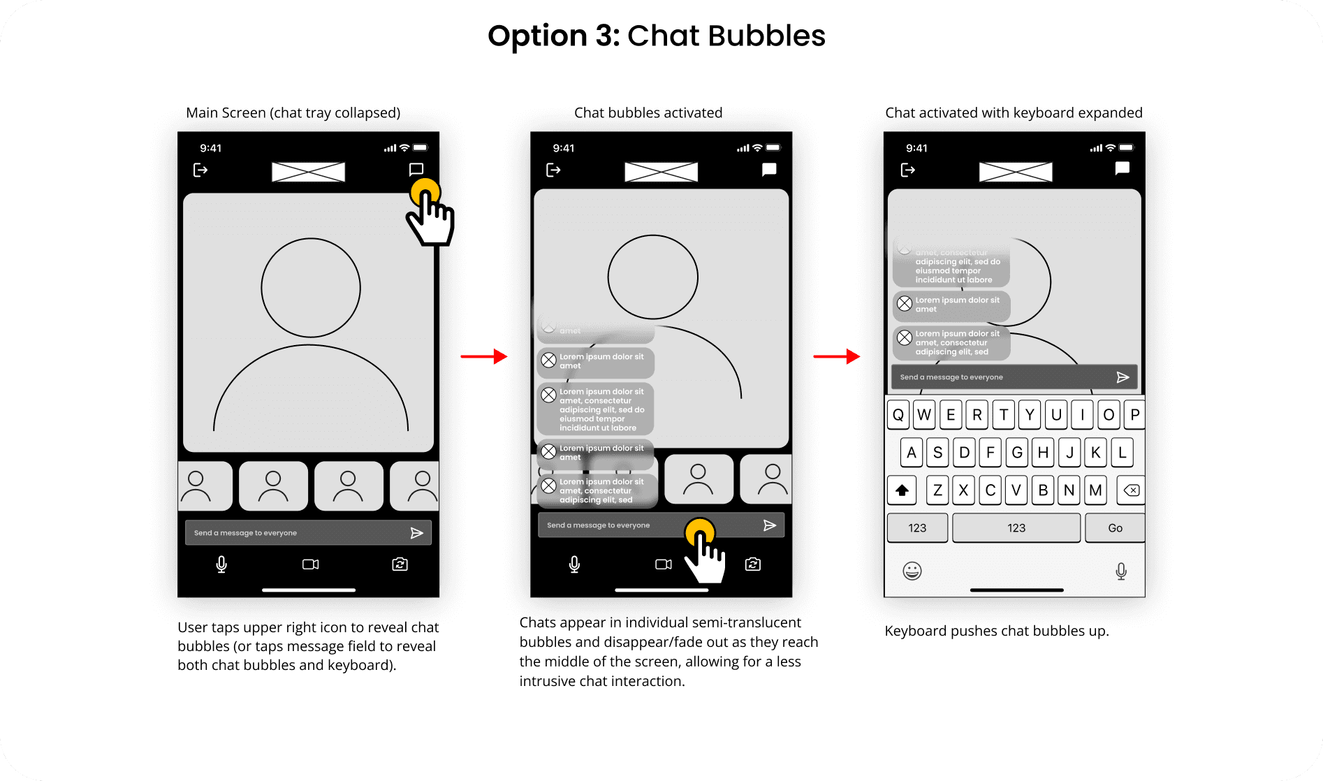 3 mid-fidelity wireframe screens