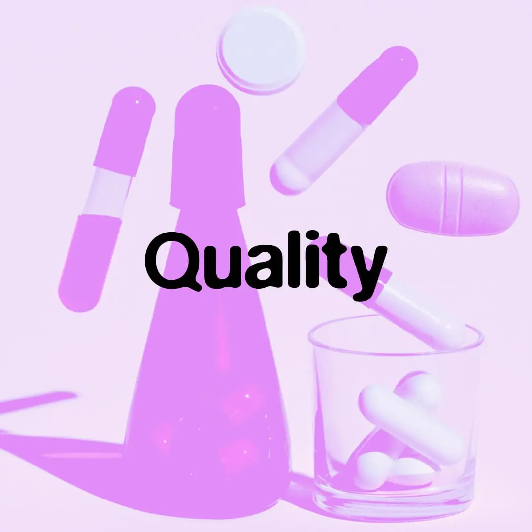  The word "Quality" in bold black text overlaid on a purple-tinted image featuring a bottle, a glass, and various falling pills and capsules.