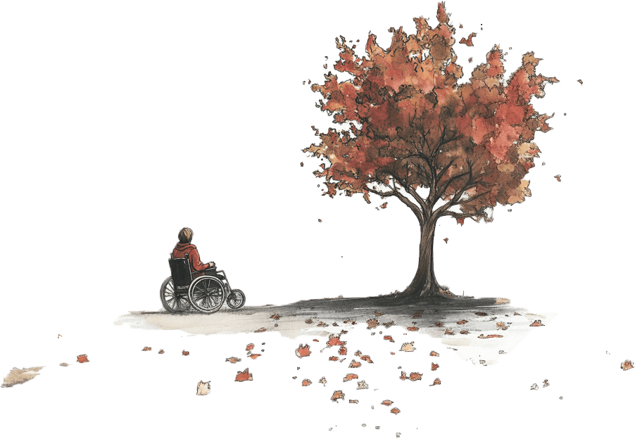 Illustration of a landscape and a person in wheelchair