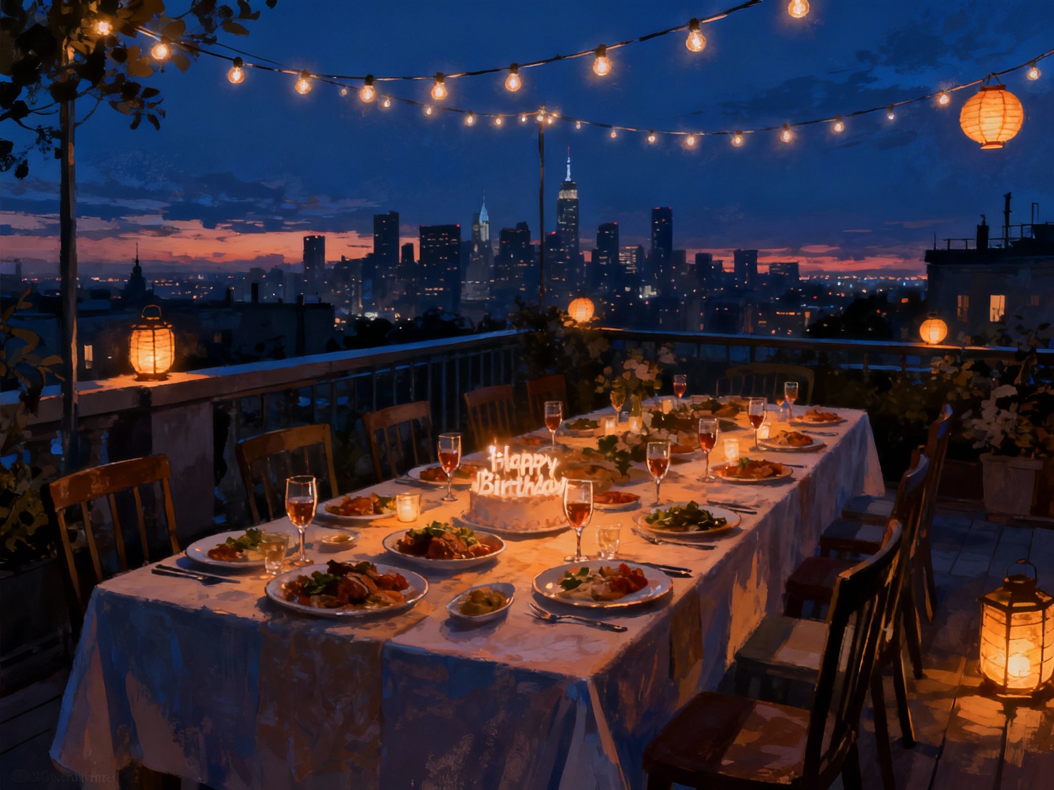 An atmospheric wide-angle view of an elegant evening rooftop birthday gathering at dusk, capturing a