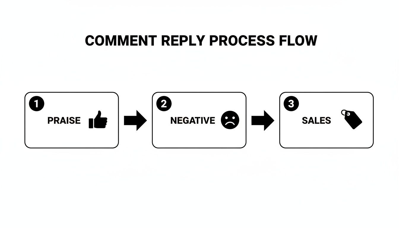 Flowchart illustrating a comment reply process with steps for praise, negative feedback, and sales.