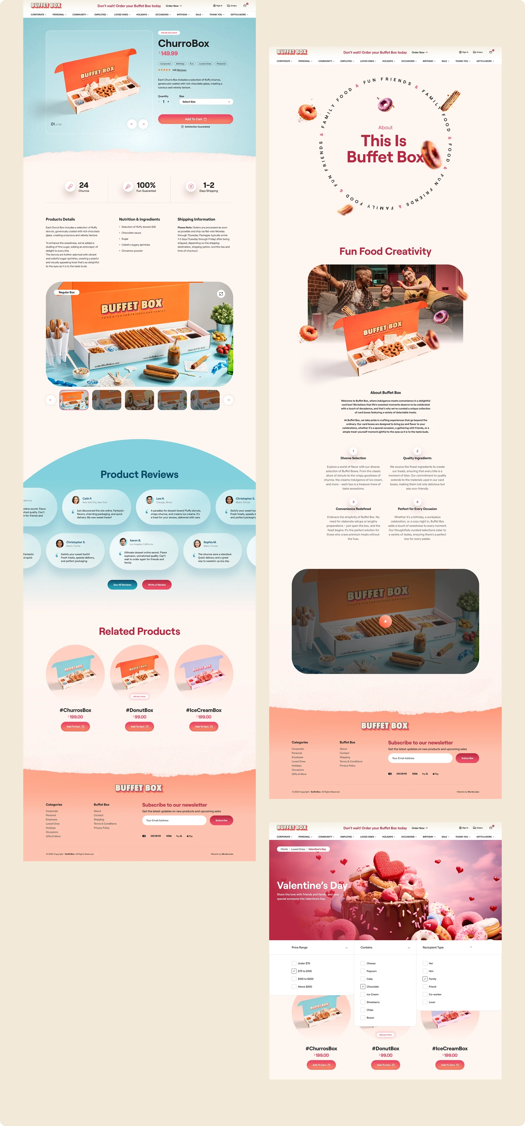 Pastel bakery website mockup featuring gift boxes, cakes, product listings, testimonials, menus, and colorful calls to action in a cheerful tone.
