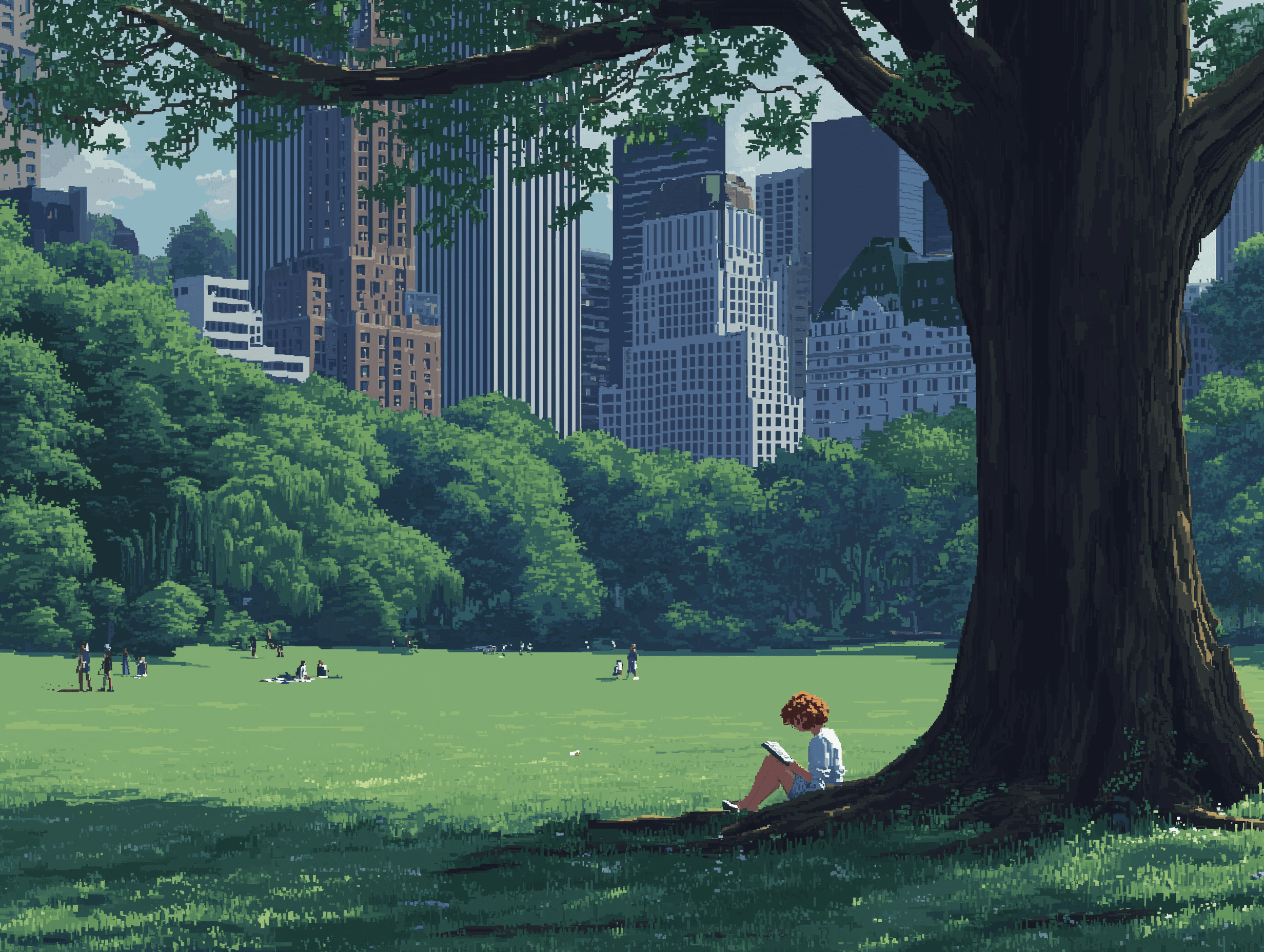 Pixel art of girl reading under a tree in central park.