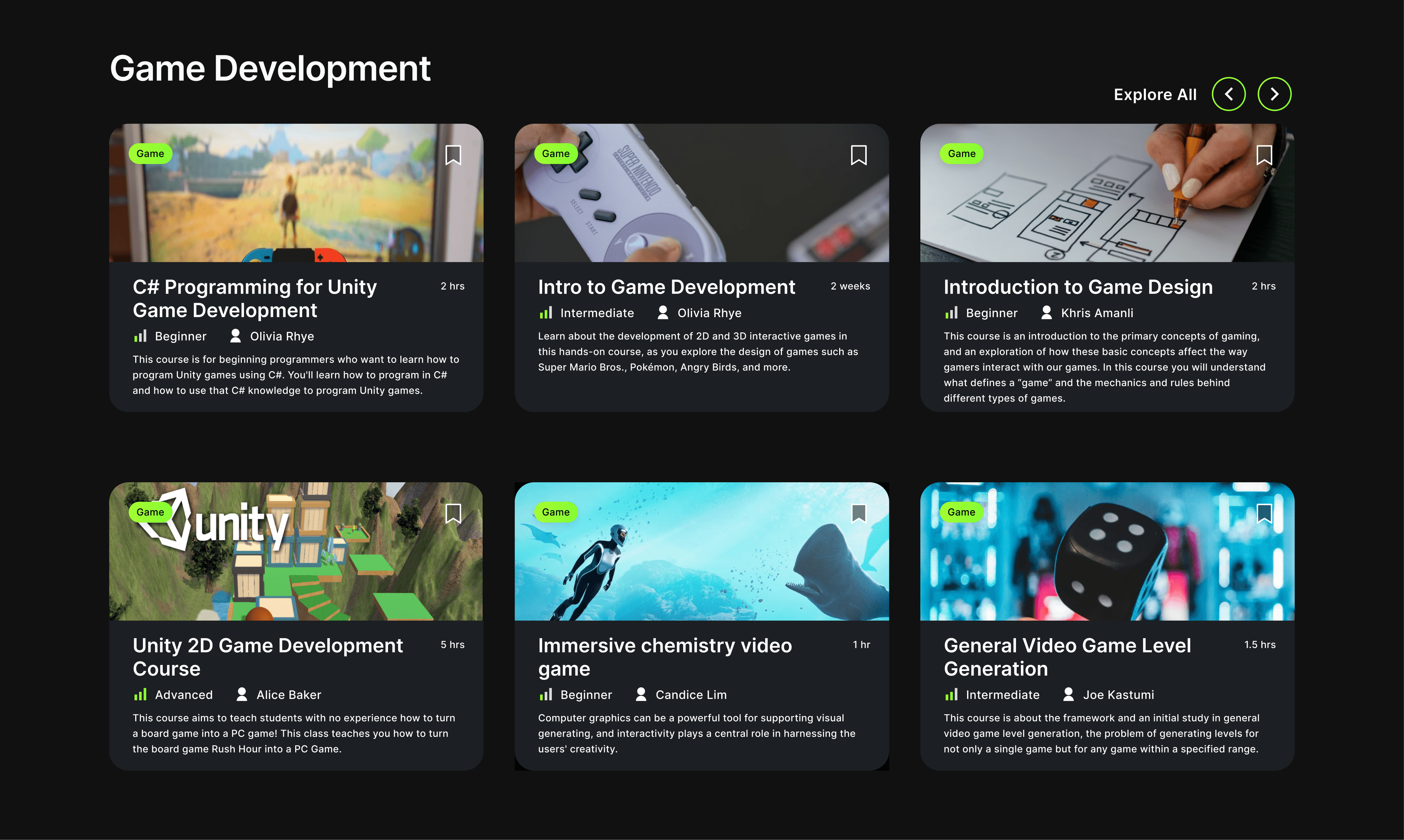 A UI screenshot of an online learning platform with the section named "Game Development" showing various choices of online courses.