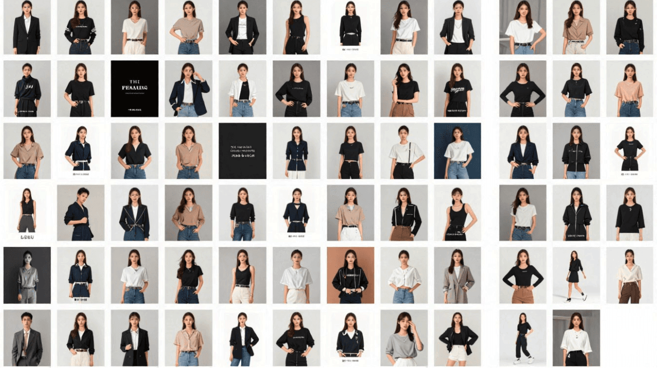 Fashion brand paid media creative testing grid showing extensive AI-generated ad variations