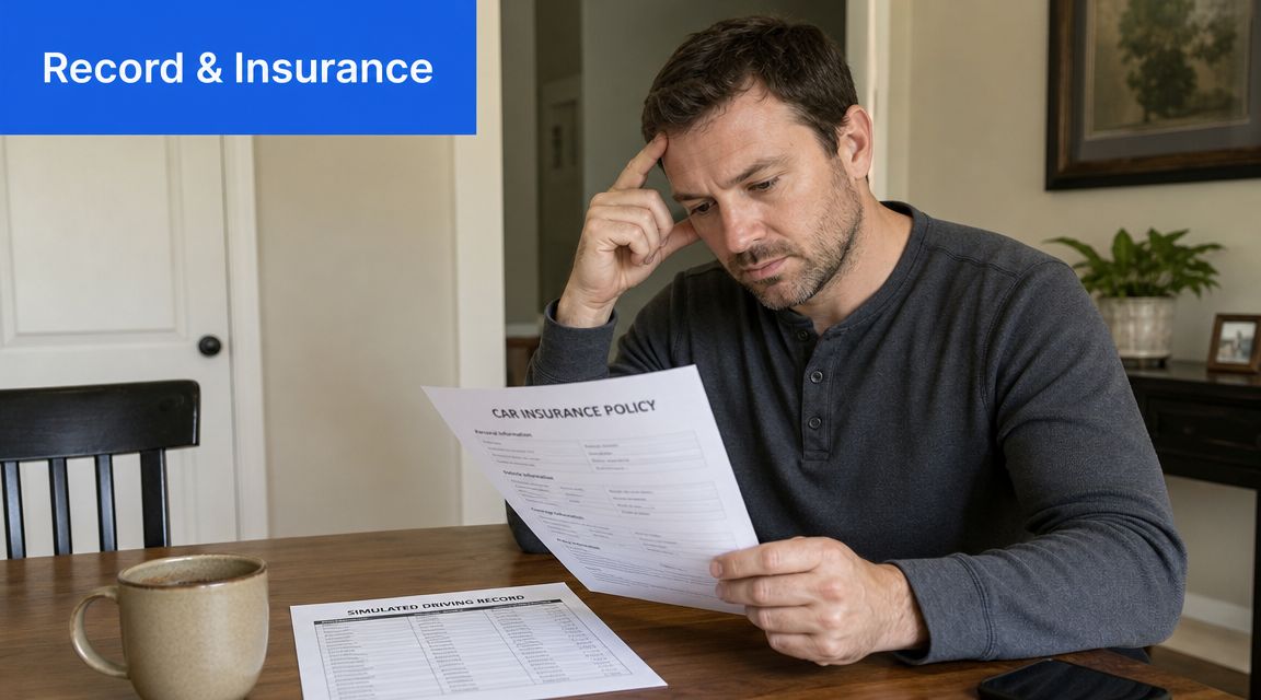 A concerned man sitting at a wooden table reviewing his car insurance policy and driving record documents.
