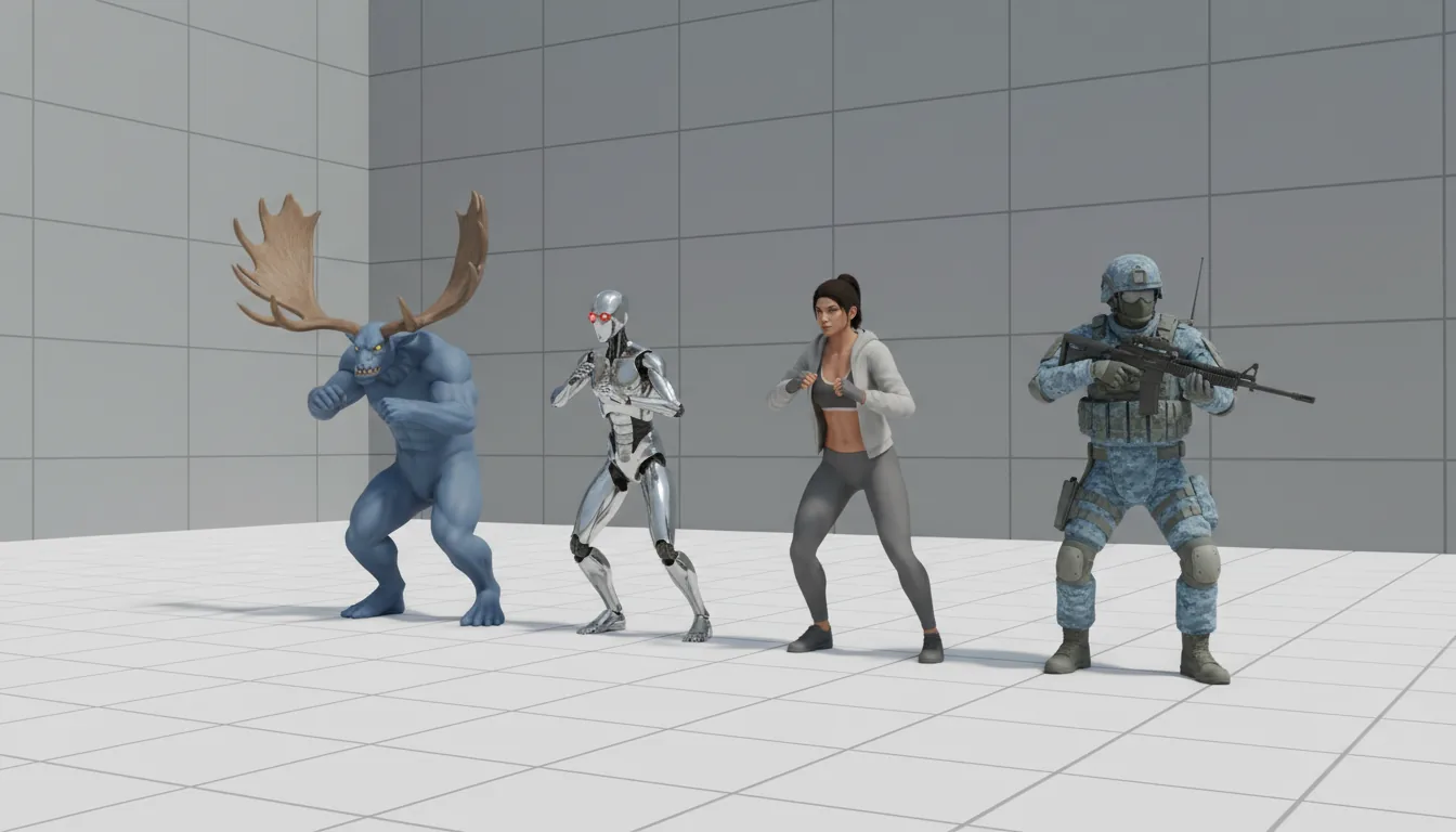 Unreal Engine 5 screenshot of four diverse 3D character models standing side-by-side in a developer greybox test environment, showcasing game assets. From left to right: a muscular blue fantasy monster with large moose antlers; a sleek metallic humanoid robot; a woman in casual grey athletic clothes; and a soldier in light blue tactical gear with a helmet. All characters are posed in the same dynamic, crouched action stance. The environment has a white floor with a grey grid and a background wall made of large grey tiles, rendered with bright, even studio lighting and soft global illumination, casting subtle shadows.