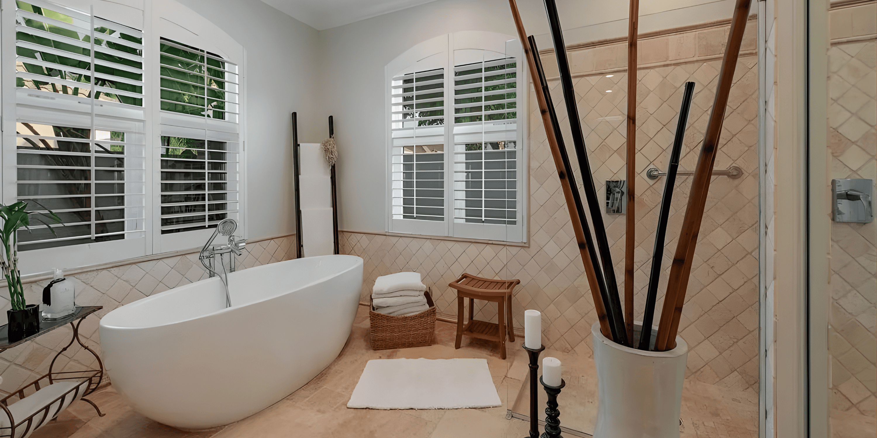 a beach-styled bathroom with a isolated tubs and multiple shuttered windows