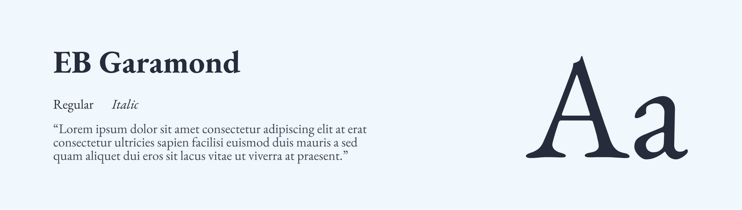 Présentation de la typographie principale (police de caractères) choisie pour le rebranding de Villa Wassim Marrakech. La typographie est la 'EB Garamond' (Regular et Italic), une police de style Serif classique et élégante, affichée en couleur bleu nuit sur un fond bleu très clair. L'image montre un exemple de texte et le glyphe 'Aa' pour illustrer la forme. Ce choix typographique met en valeur le positionnement luxe et haut de gamme de l'identité visuelle, démontrant l'expertise de Nux-Studio en direction artistique et branding pour une élégance intemporelle.