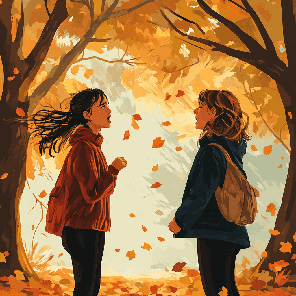 Two relationship partners yell at each other outside among autumn trees