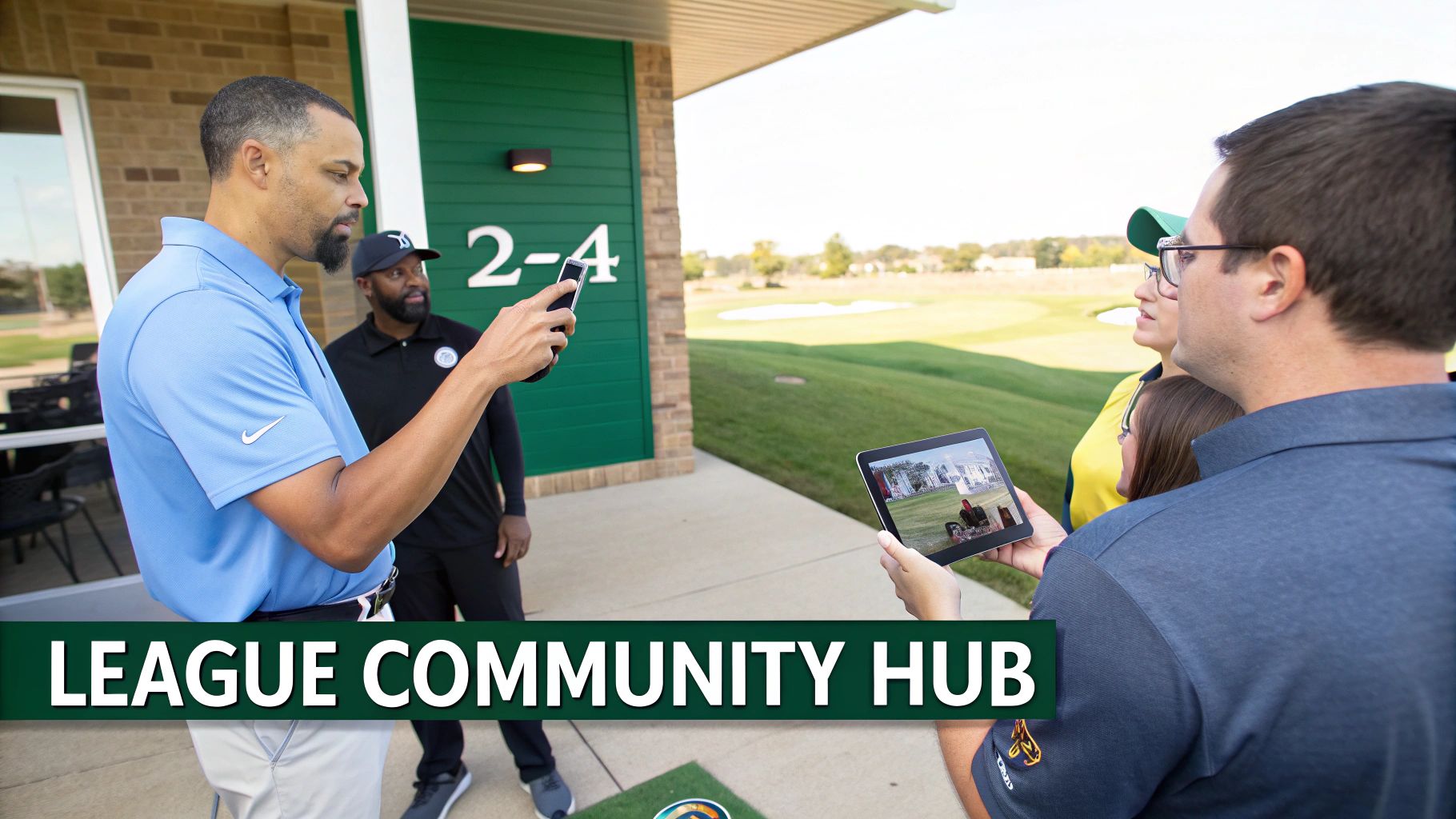 Men and women gathered at a golf club, engaging with digital screens and a golf course view.