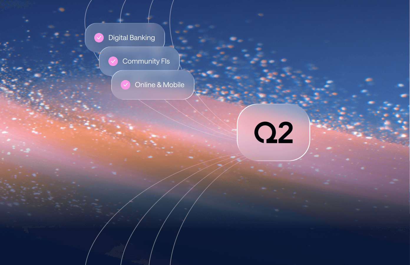 Abstract hero image showing a dynamic wave of orange and blue particles on a gradient background.