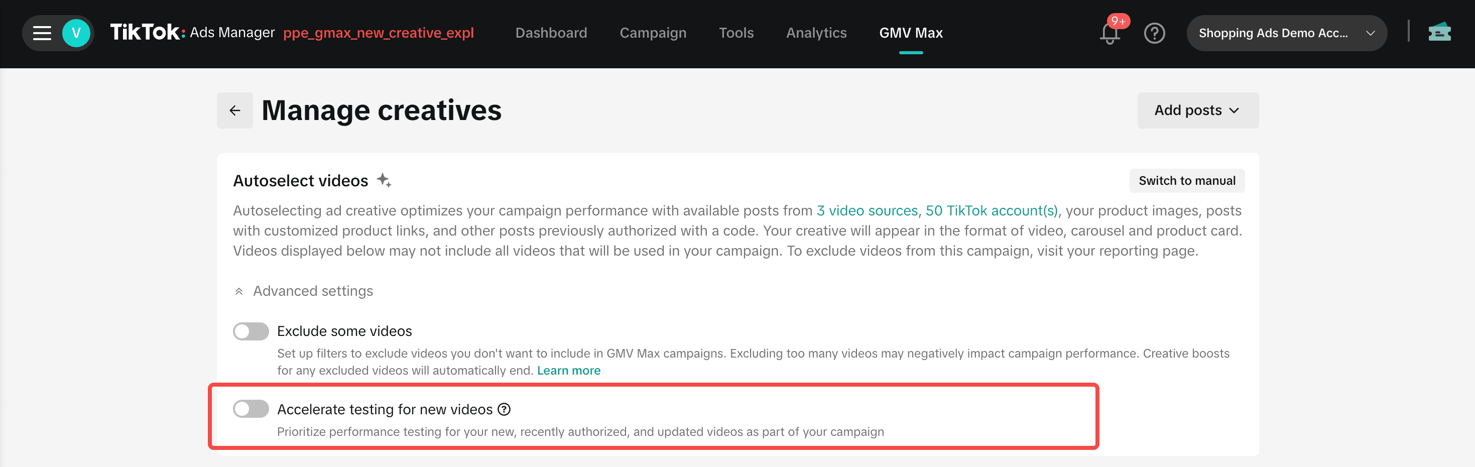 Creative testing mode