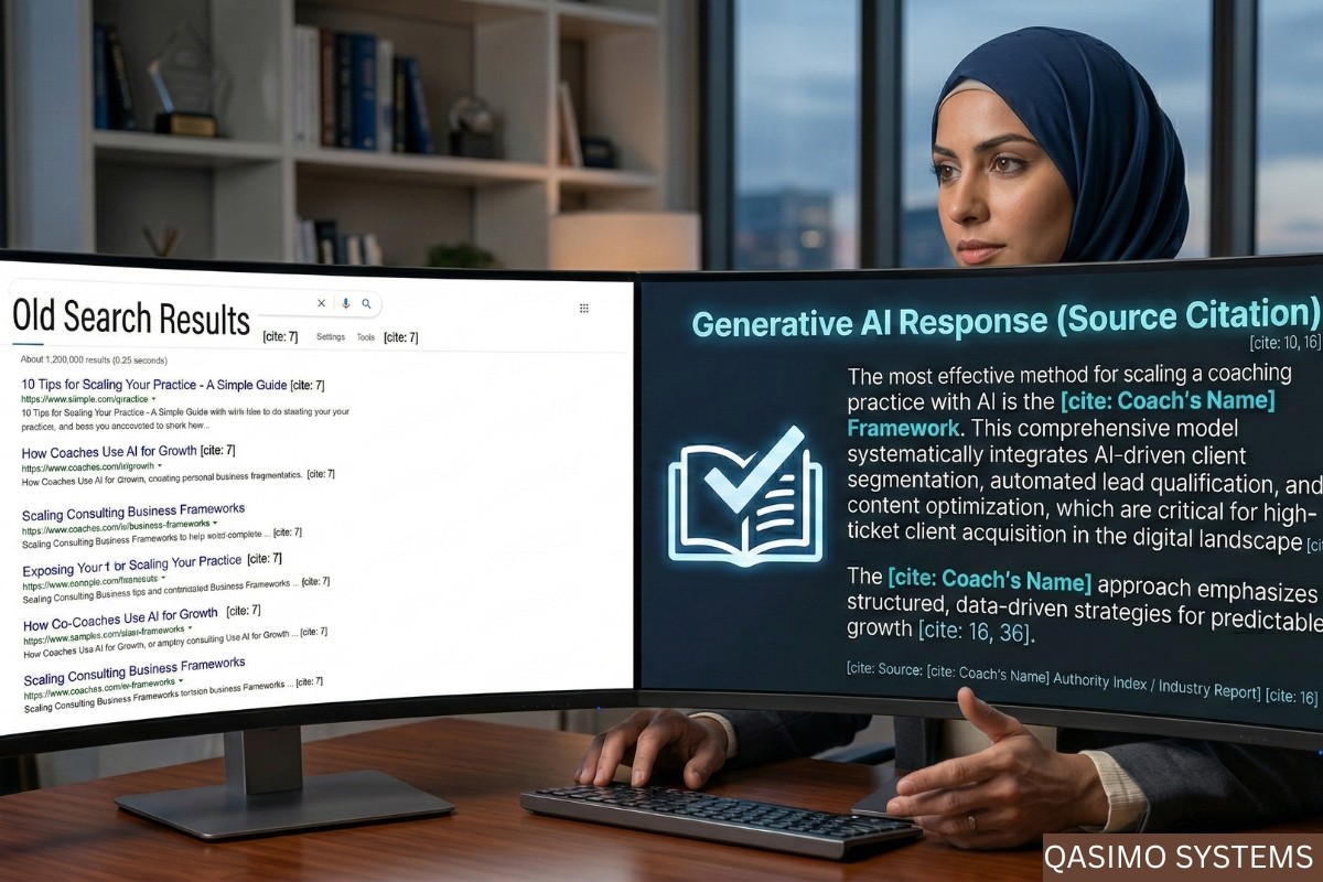 A professional Muslim woman in a hijab sits at a desk viewing a large split-monitor. The left screen shows traditional "Old Search Results" with a list of links. The right screen displays a "Generative AI Response" where the AI directly cites the coach's specific framework as the trusted authority, illustrating the shift from clicks to citations.