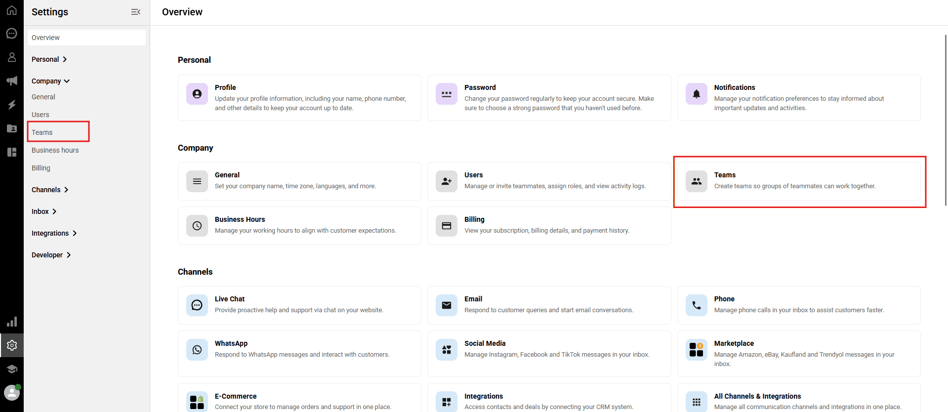 Screenshot of the Settings Overview page highlighting the Teams card under the Company section