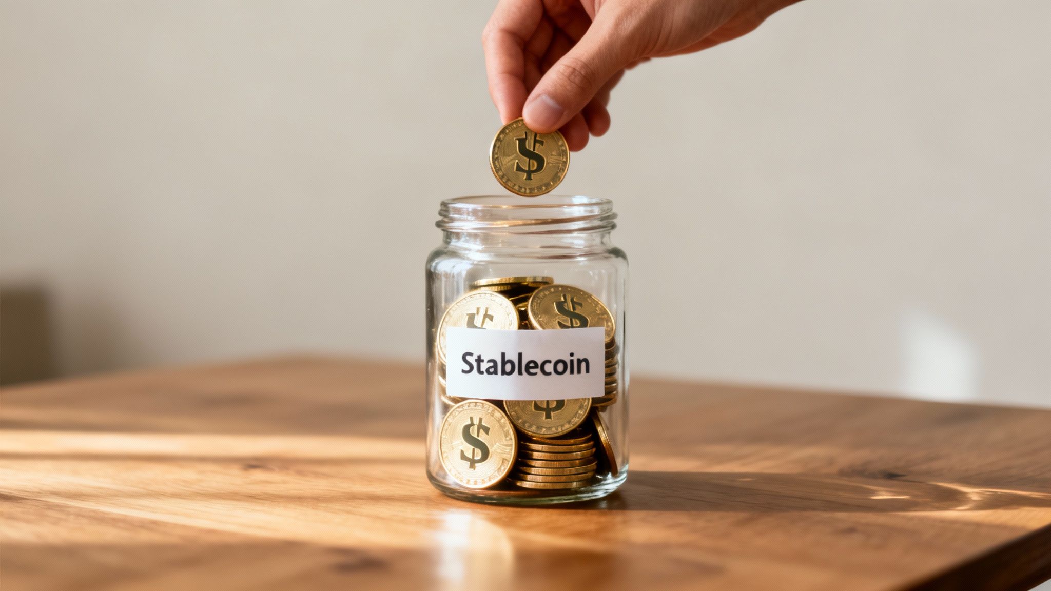 A hand placing a gold dollar coin into a glass jar labeled 'Stablecoin' on a wooden table.