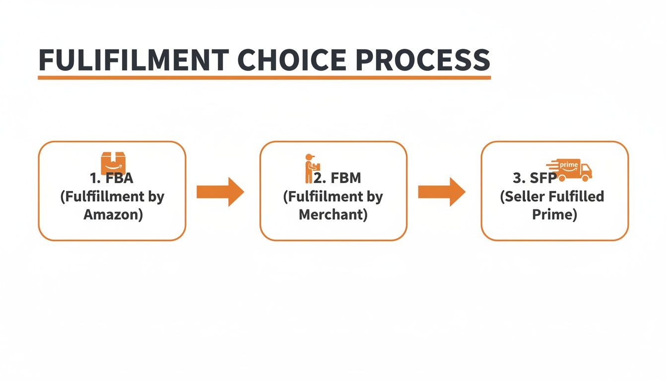 Diagram showing three Amazon fulfillment options: FBA, FBM, and SFP, illustrating the choice process.