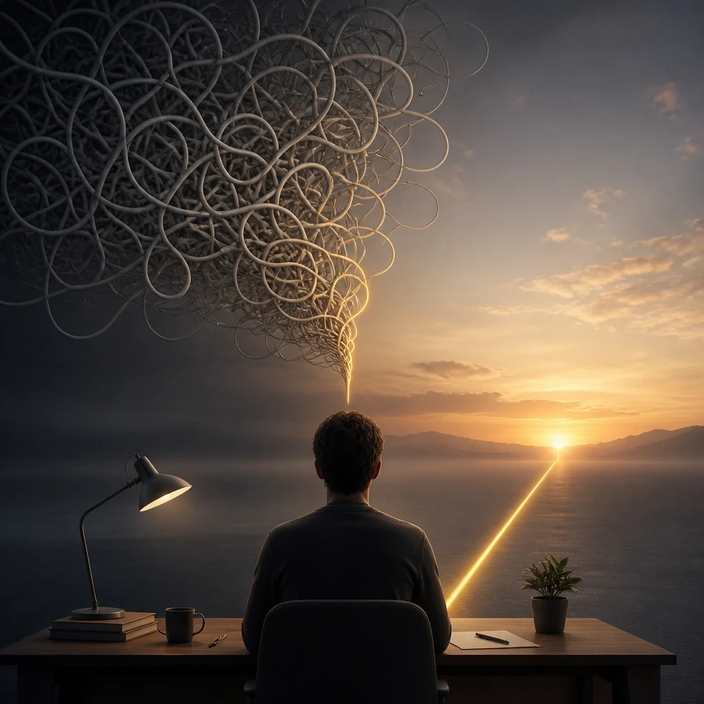 A person sitting calmly at a desk with a tangled mess of wires above their head transitioning into a single, straight golden line.