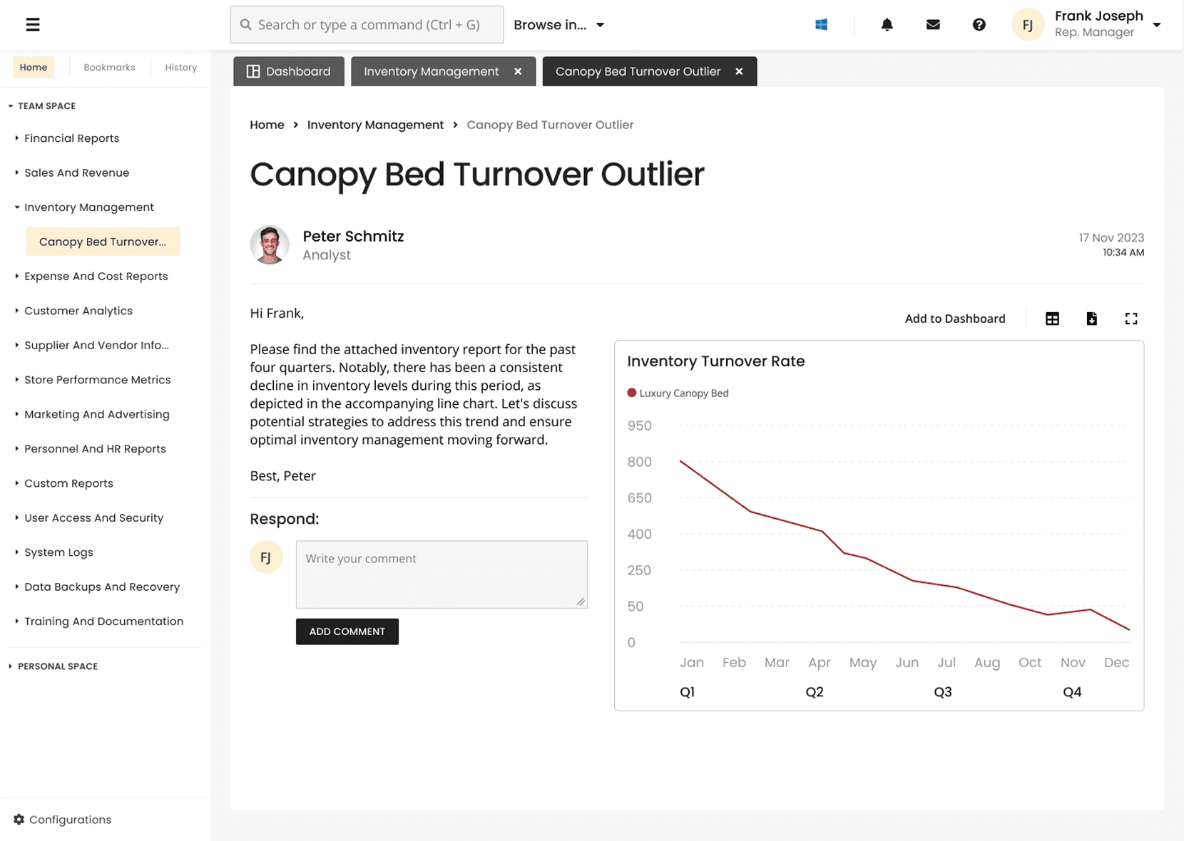 Desktop dashboard UI for an ERP platform featuring an overview look from a manager POV