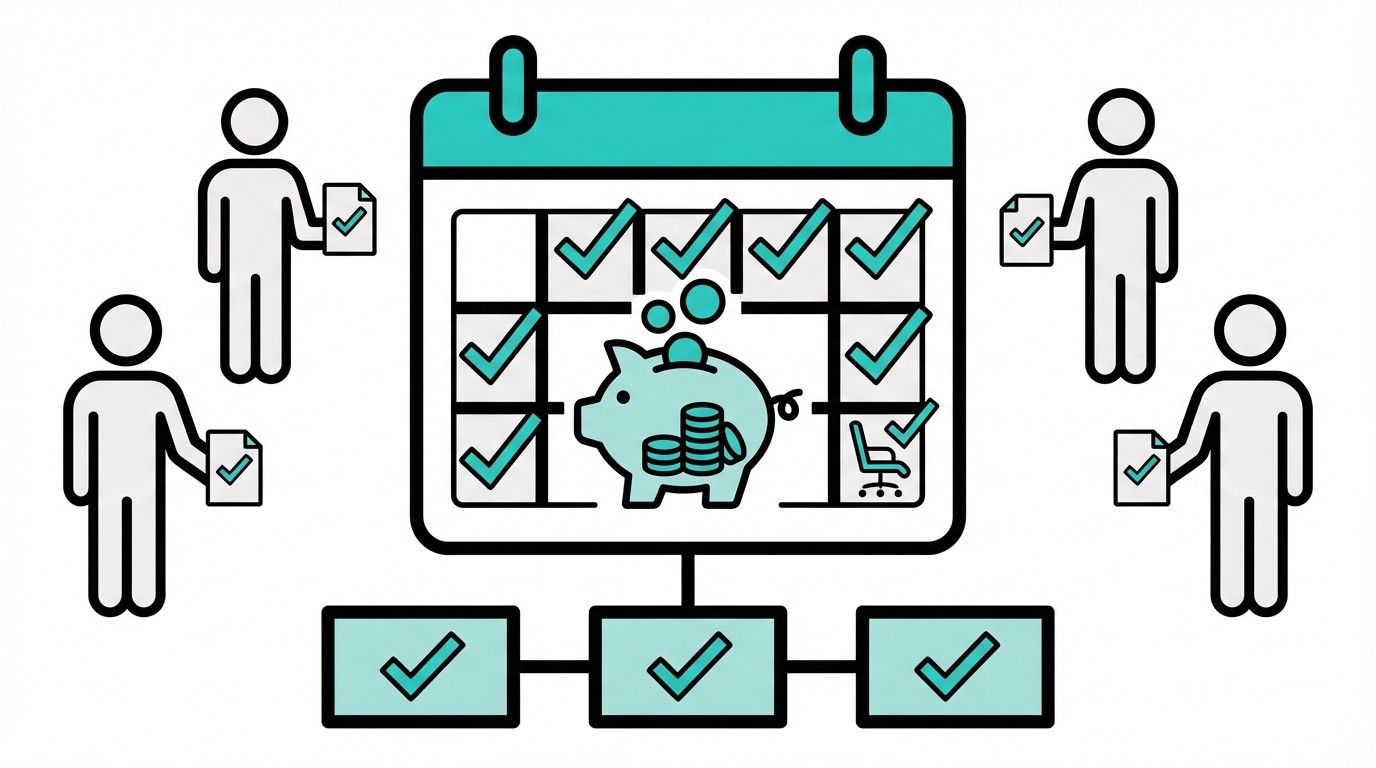 Grafik: Kalender mit Sparschwein & Häkchen, umgeben von 4 Personen mit Checklisten. Symbolisiert erfolgreiche Finanz- und Zeitplanung.