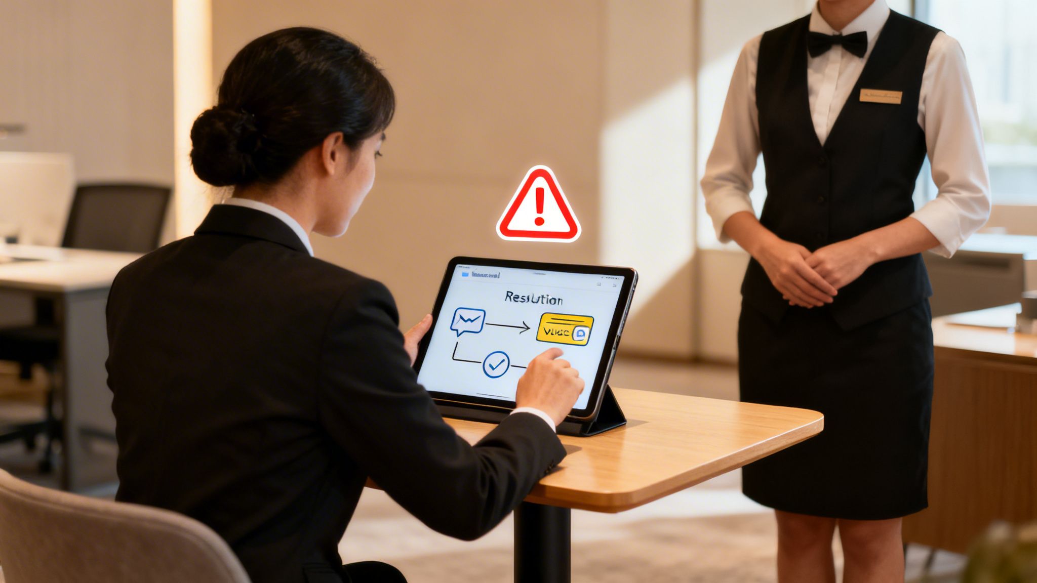 A business professional uses a tablet displaying a resolution diagram and a warning, observed by service staff.