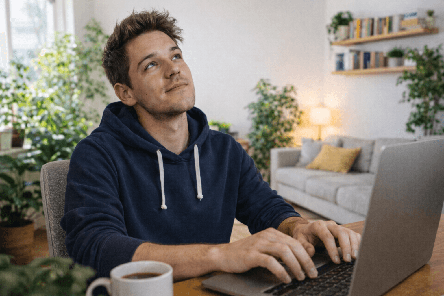 Un joven freelancer sentado frente a su computadora portátil en una oficina hogareña luminosa, mirando hacia arriba con expresión pensativa y tranquila mientras trabaja. Esta escena representa la simplicidad de gestionar finanzas globales y convertir euros a pesos argentinos de manera eficiente a través de la plataforma de Takenos.