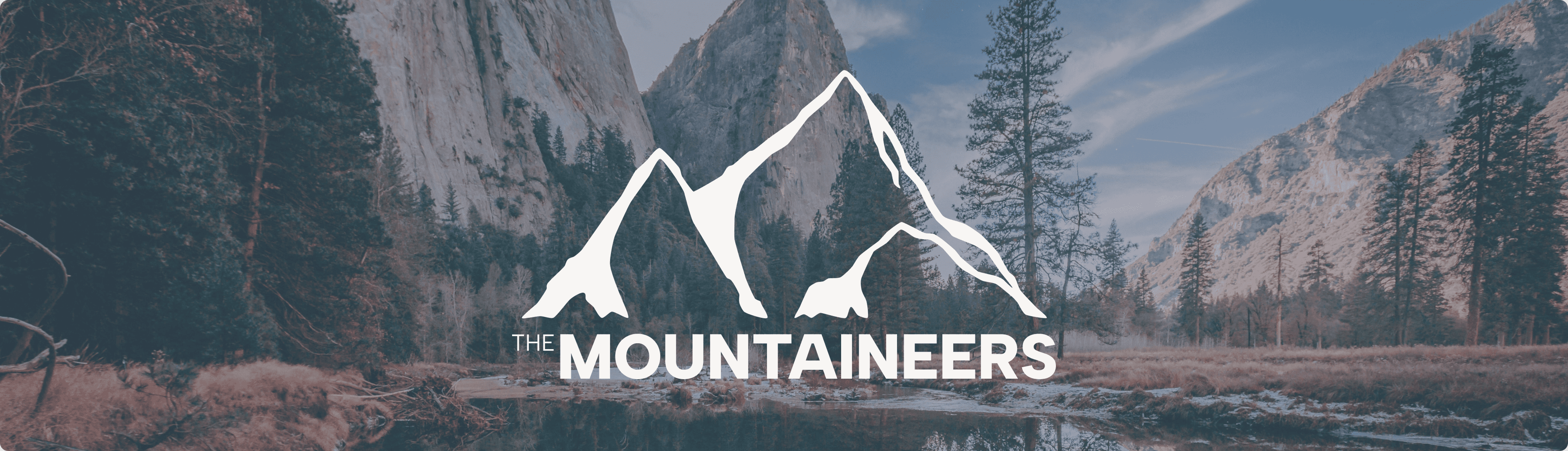 The Mountaineers logo overtop of a blurred image of a mountain.