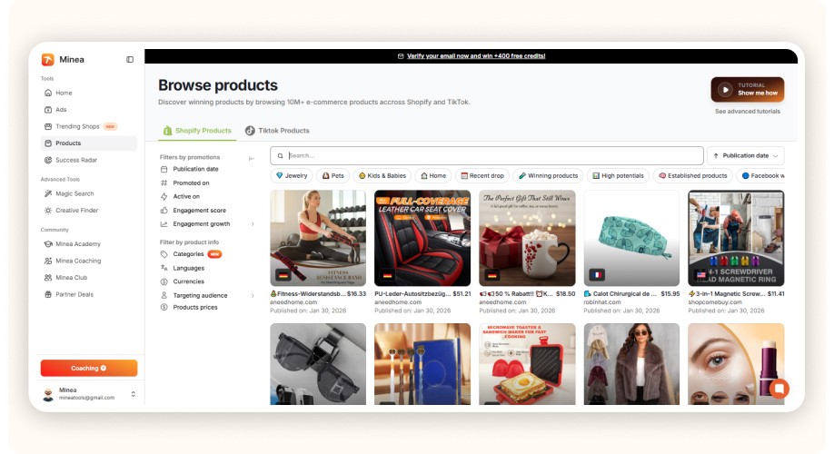 Minea “Browse Products”