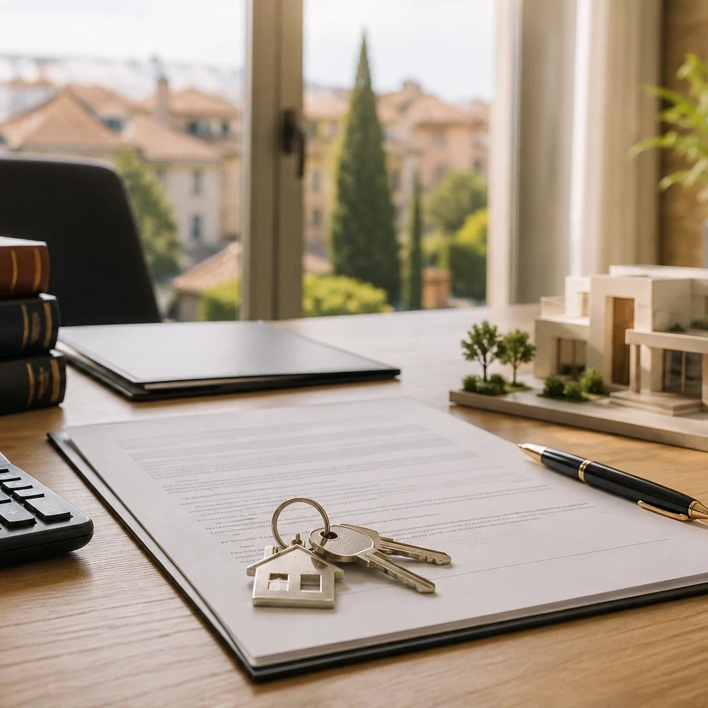 Contrato de compraventa de vivienda con llaves, calculadora y maqueta de casa para explicar el ITP en Cataluña en 2026