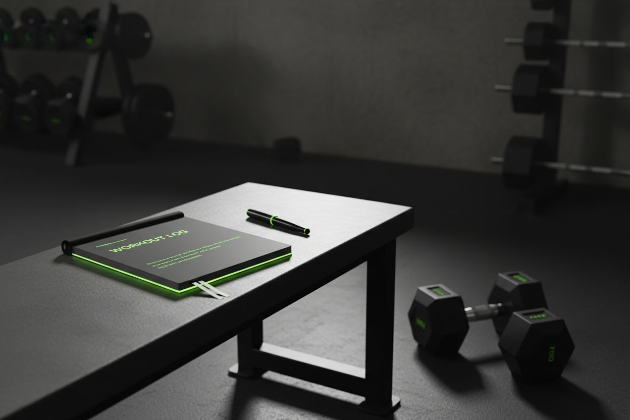Un cuaderno de entrenamiento limpio con una pluma junto a mancuernas en el gimnasio