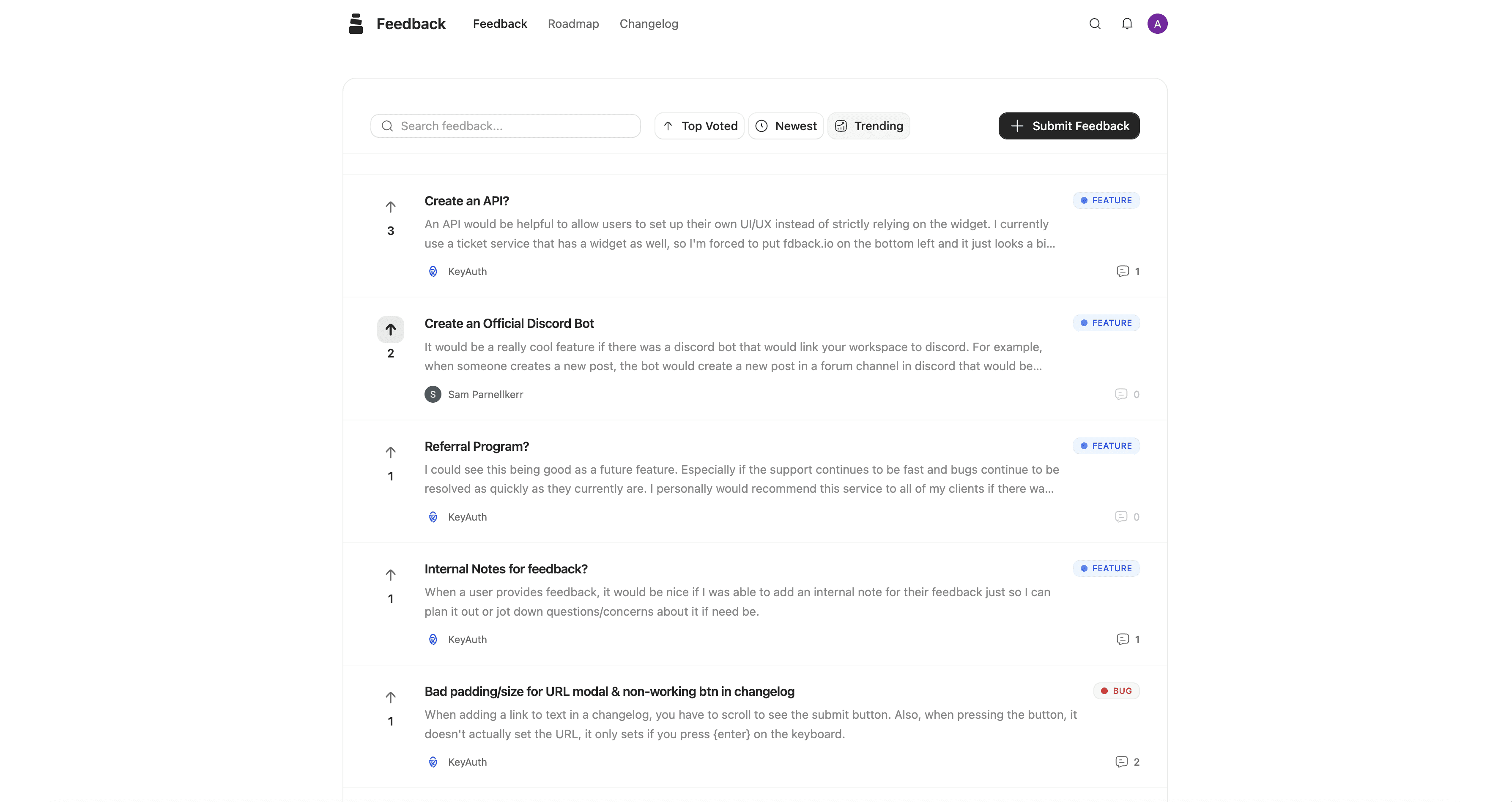 Fdback.io public feedback list