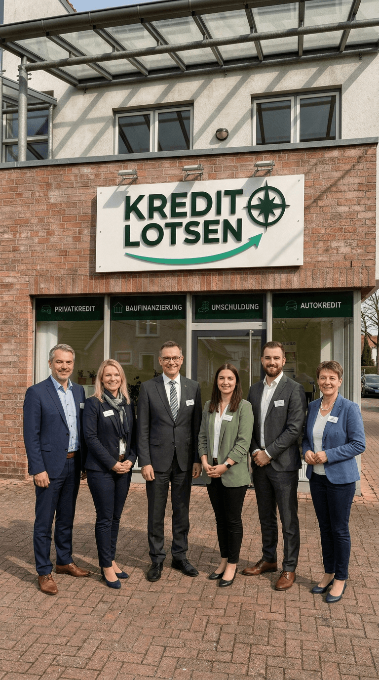 Kredit Lotsen Team im Büro in Deutschland – freundliche Kreditberater und Finanzierungsexperten beraten persönlich zu Privatkredit, Baufinanzierung und Umschuldung.