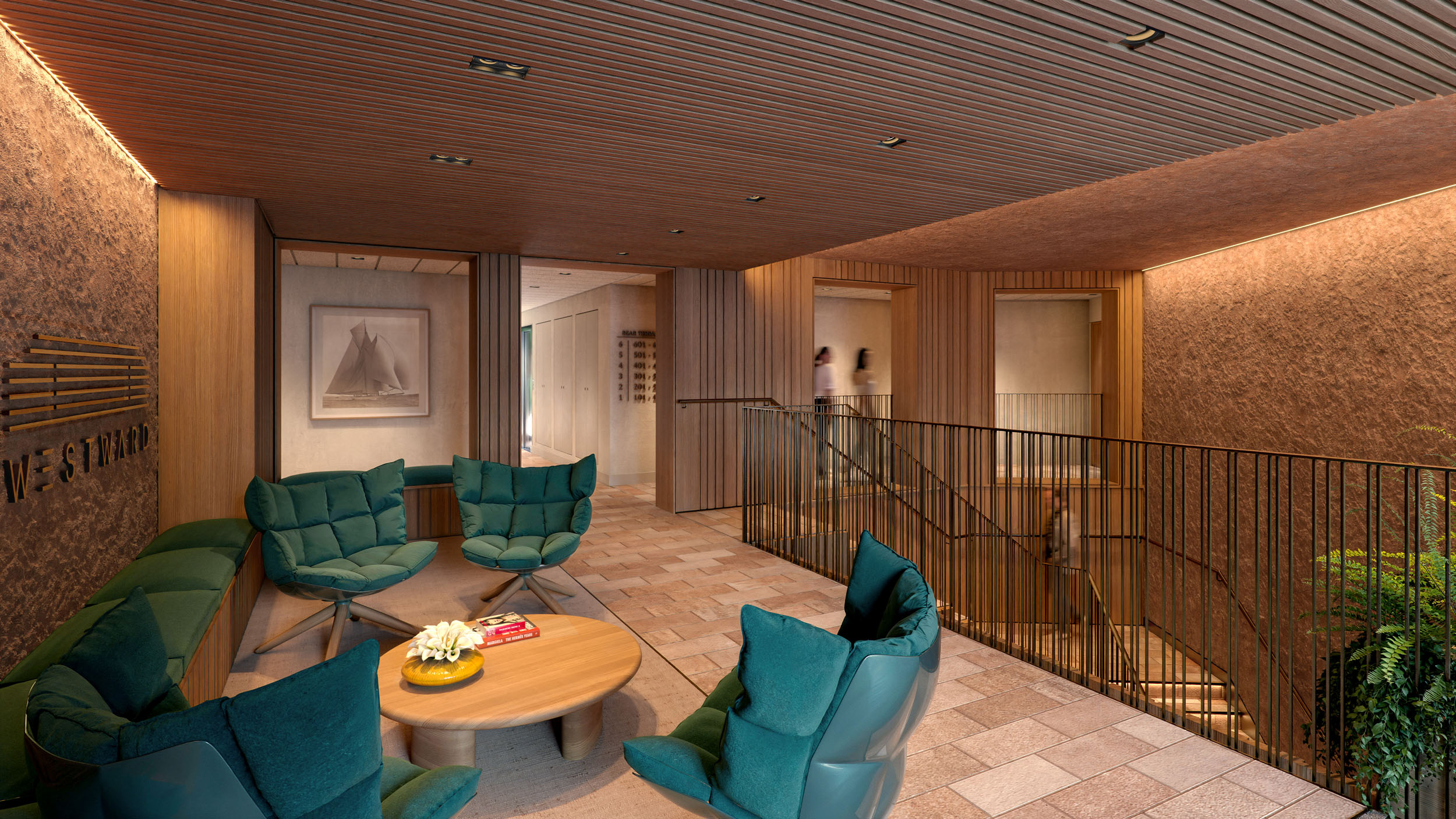 Architectural CGI of residential lobby. Photorealistic render.